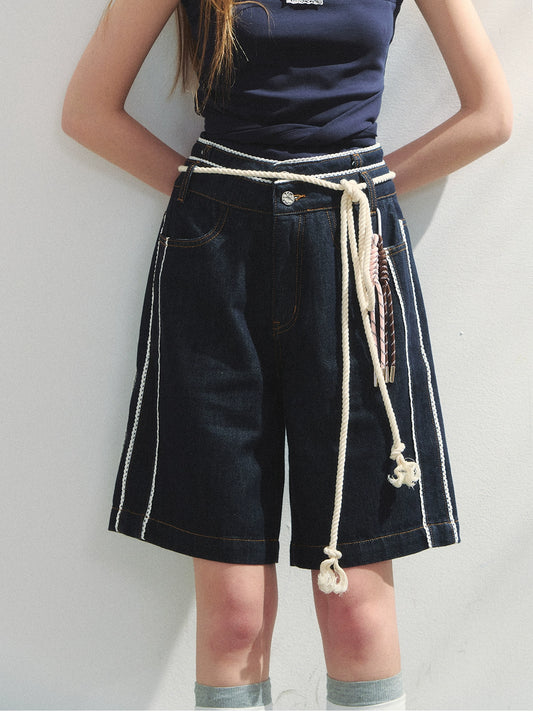Double-Waist Bermuda Pants With Lace Trim