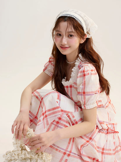 Plaid Square-Neck Blouse & Matching Volume Skirt