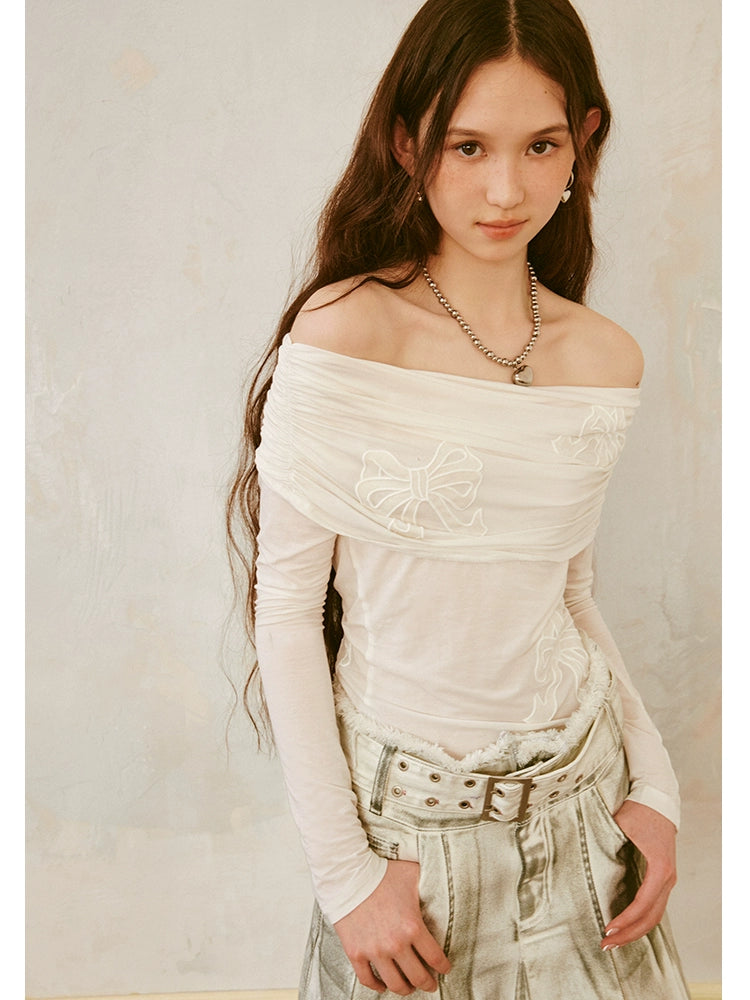 Bow Hollow Patch Embroidered Off Shoulder Long-Sleeved Shirt