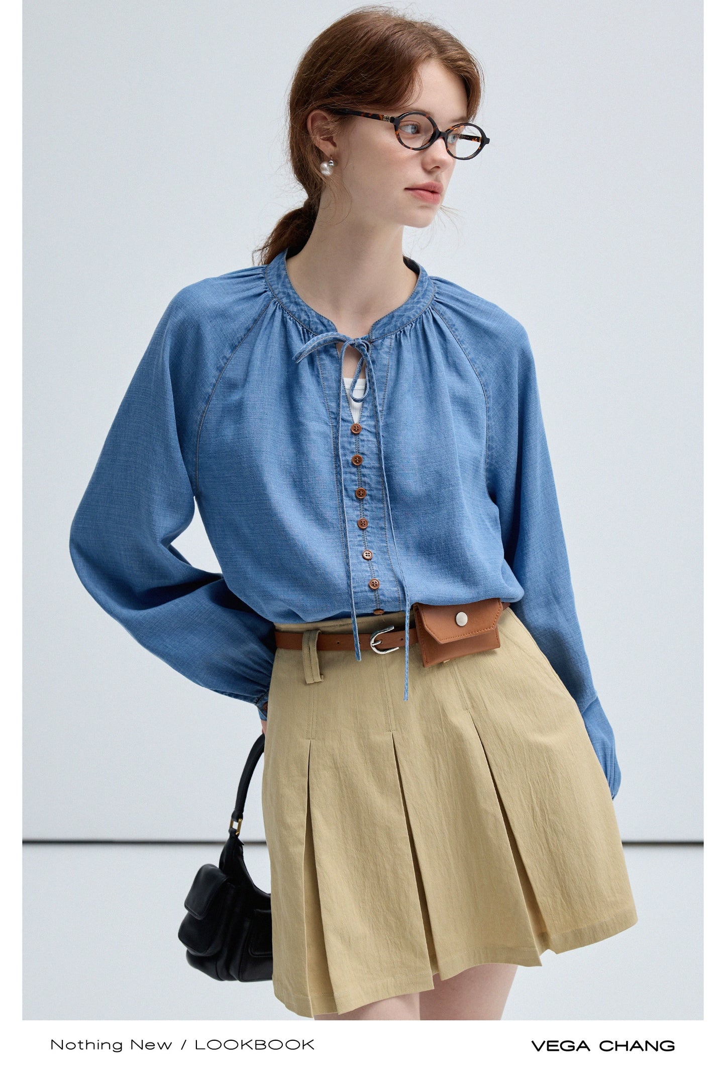 Tie Neck Blouse, Pleated Zip Mini Skirt, Belt