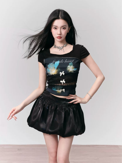 Printed Reverse-Seam T-Shirt With Lace And Bow Detail