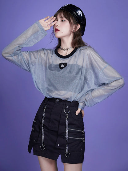 Oversized Long Sleeve Sheer T-Shirt With Heart Patch