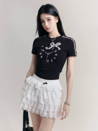 Multi-Layered Ruffled Lace Mini Skirt With Bow Accent