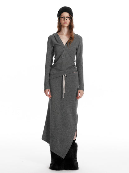 Slim Fit Hooded Half-Button Top / Slit Skirt