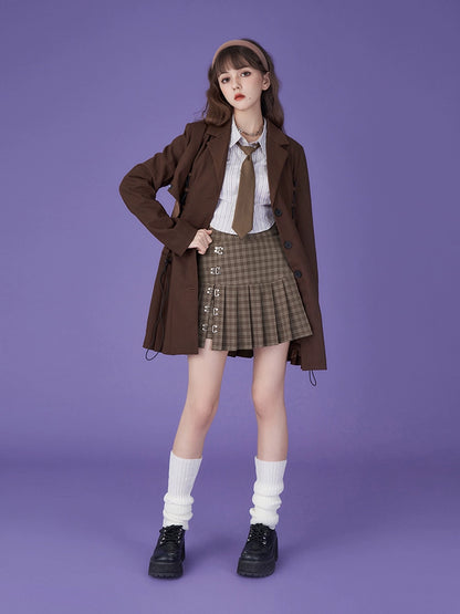 College Style Plaid High Waist Pleated Skirt With Clasps