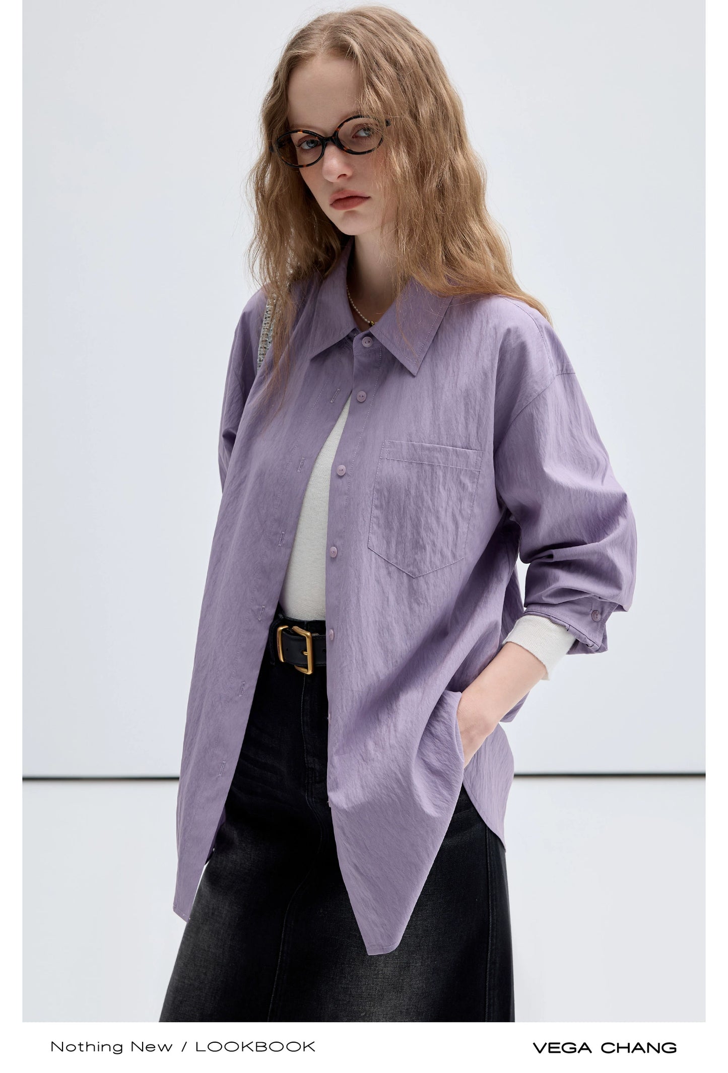 Wrinkled Texture Loose Fit Longline Color Shirt