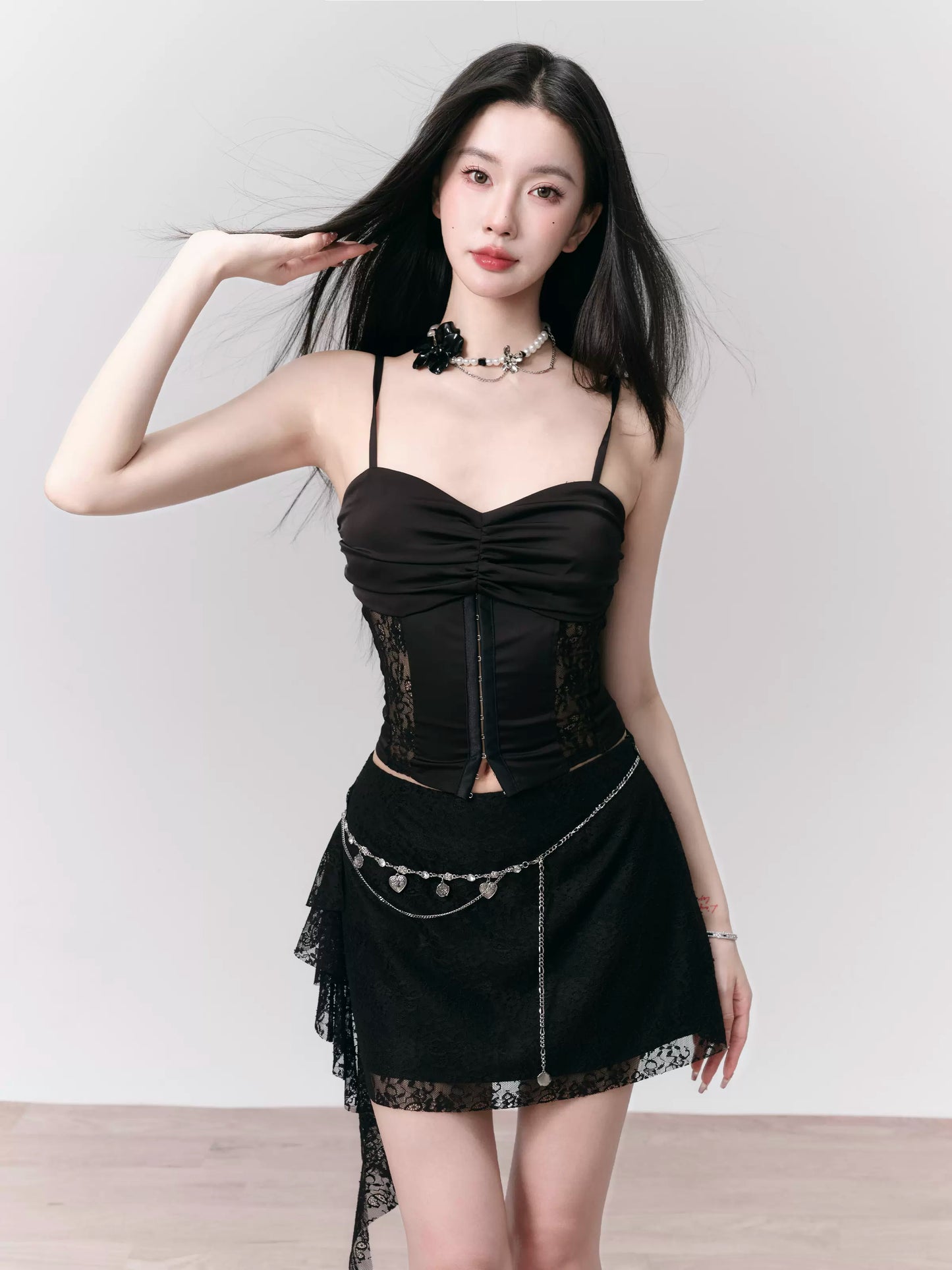 Glossy Twill Satin Lace Bustier Top With Metal Hook Closure