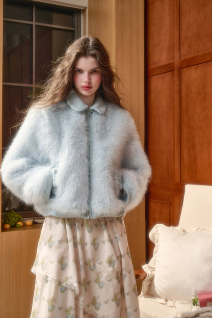 Fluffy Faux Fur Bow Detail Zip-Up Jacket