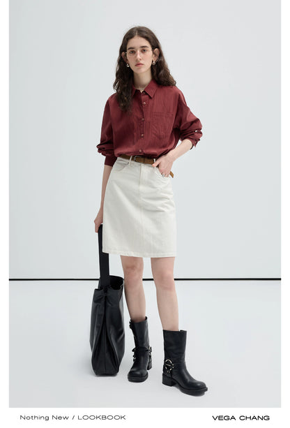 Wrinkled Texture Loose Fit Longline Color Shirt