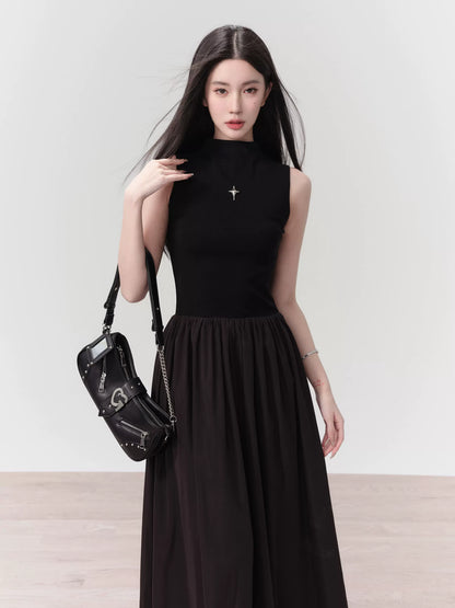 Knitted Sleeveless High Neck Long Dress With Cross Charm