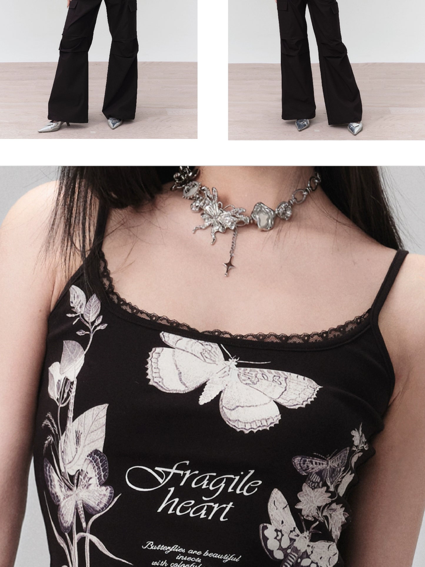 Butterfly Print Lace Trimmed Elastic Camisole Top