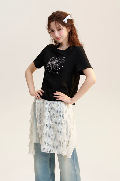 Beaded Bow-Printed T-Shirt