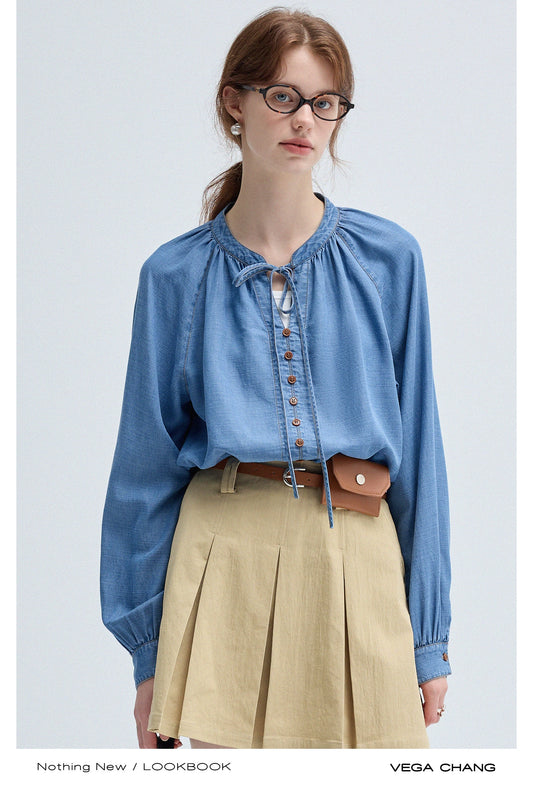 Tie Neck Blouse, Pleated Zip Mini Skirt, Belt