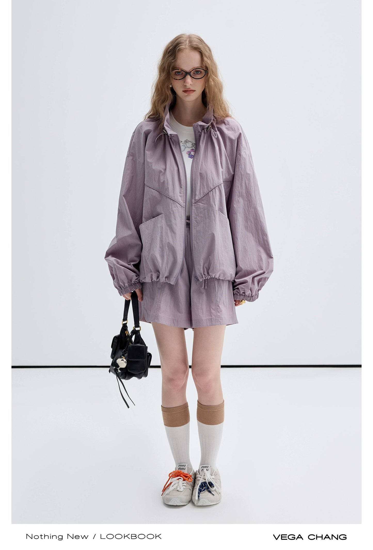 Stand-Collar Drawstring Jacket And Shorts