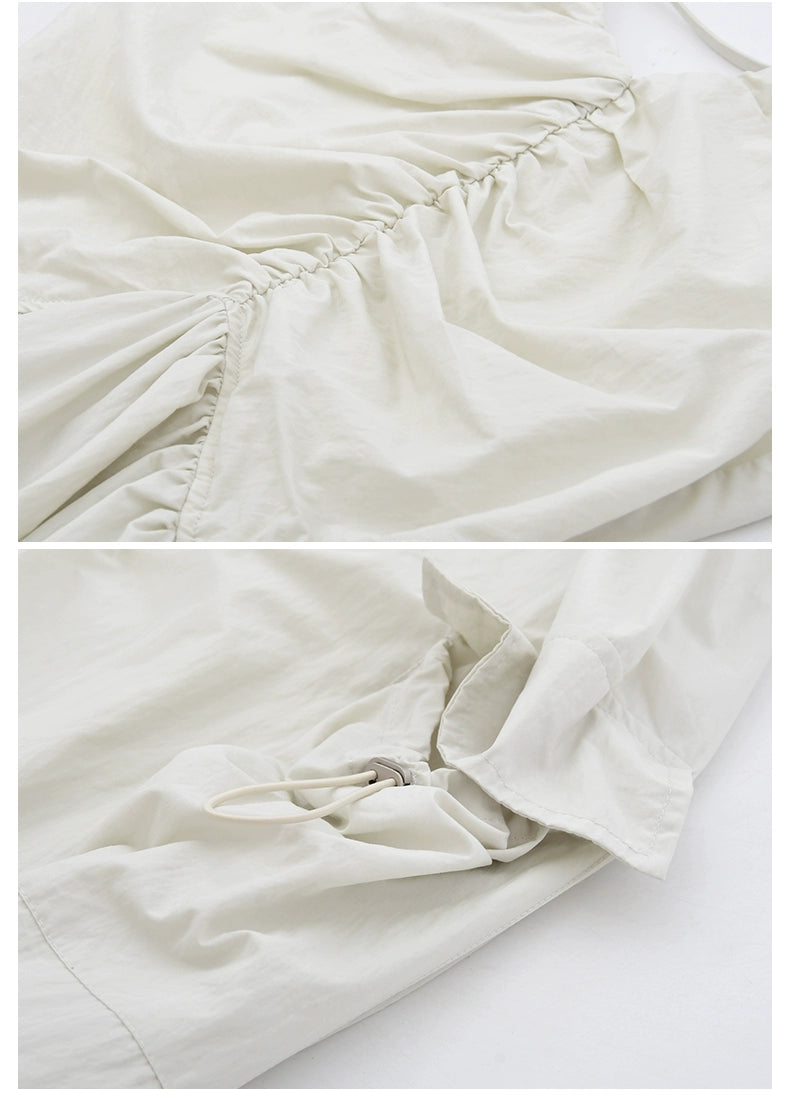 Gathered Puff-Sleeve Dress With Drawstring Pockets