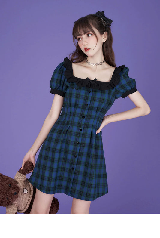 Plaid Frilled Square Neck Short Dress Fitted At Waist