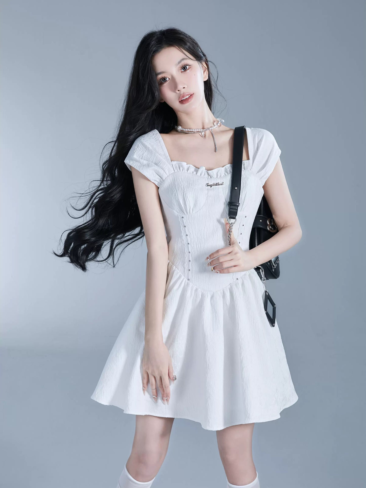 Soft Jacquard French Sleeve Bustier-Style Short Flared Dress