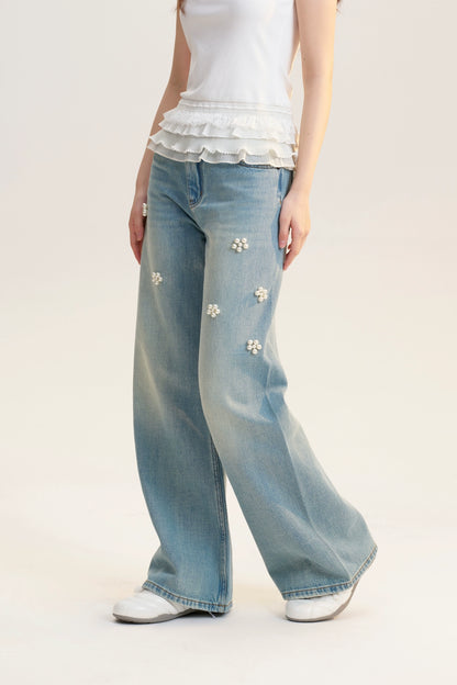 Beaded Flower-Accent Washed Jeans