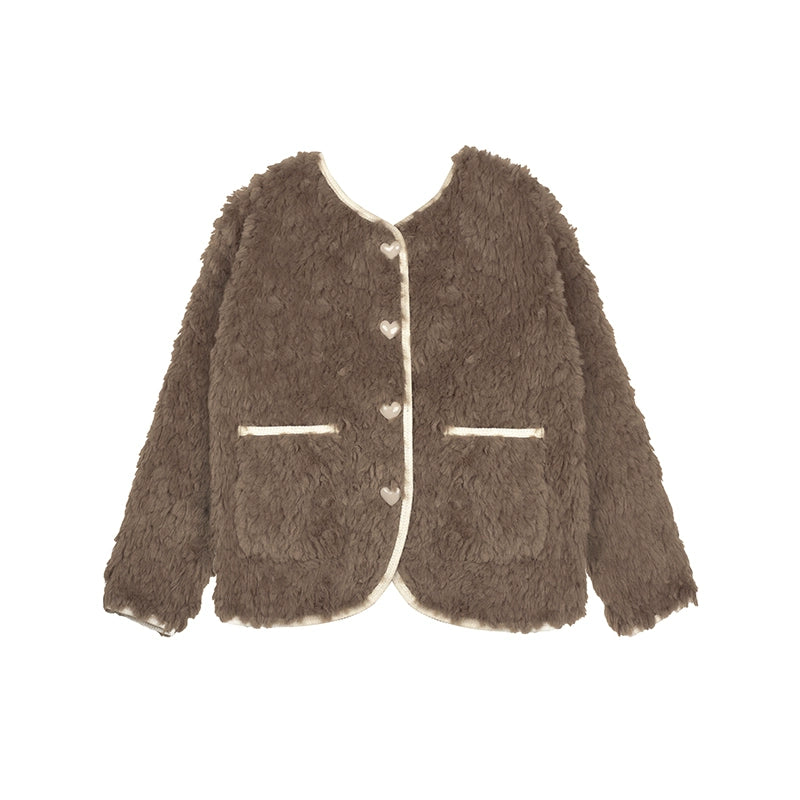 Faux Fur Jacket With Heart Buttons And Pockets