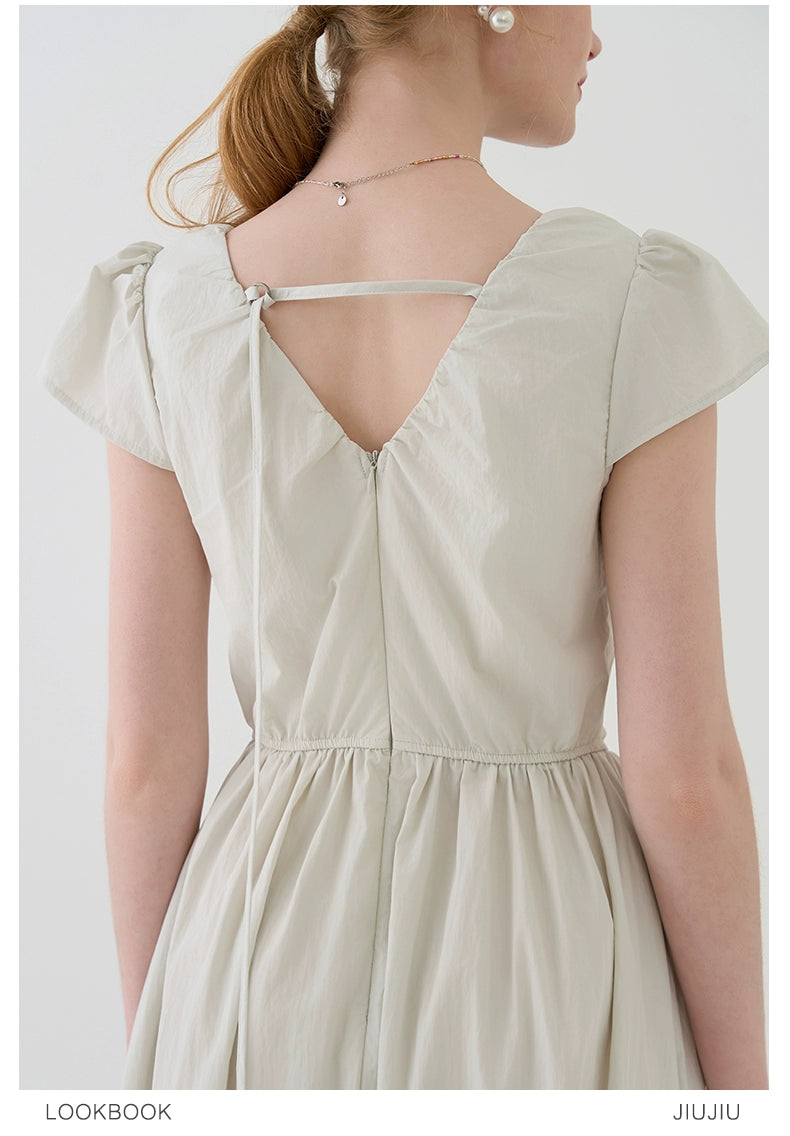 Gathered Puff-Sleeve Dress With Drawstring Pockets