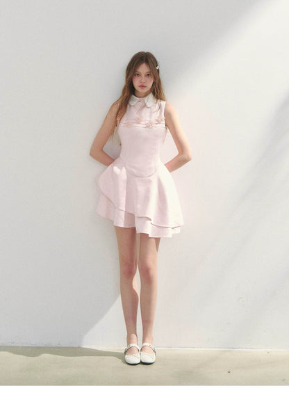 Structured Asymmetric Satin Dress With Peter Pan Collar