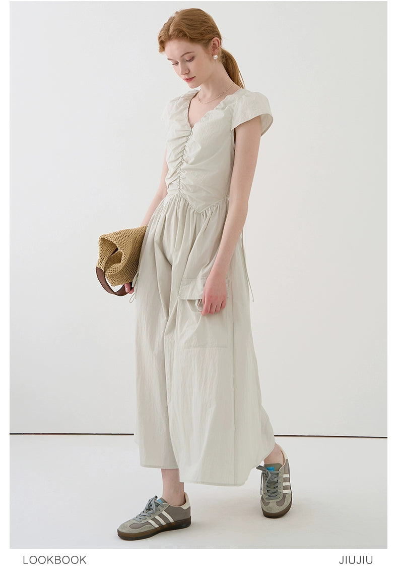 Gathered Puff-Sleeve Dress With Drawstring Pockets