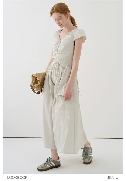 Gathered Puff-Sleeve Dress With Drawstring Pockets