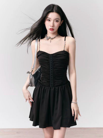 Pleated Satin Camisole Dress With Chained Straps