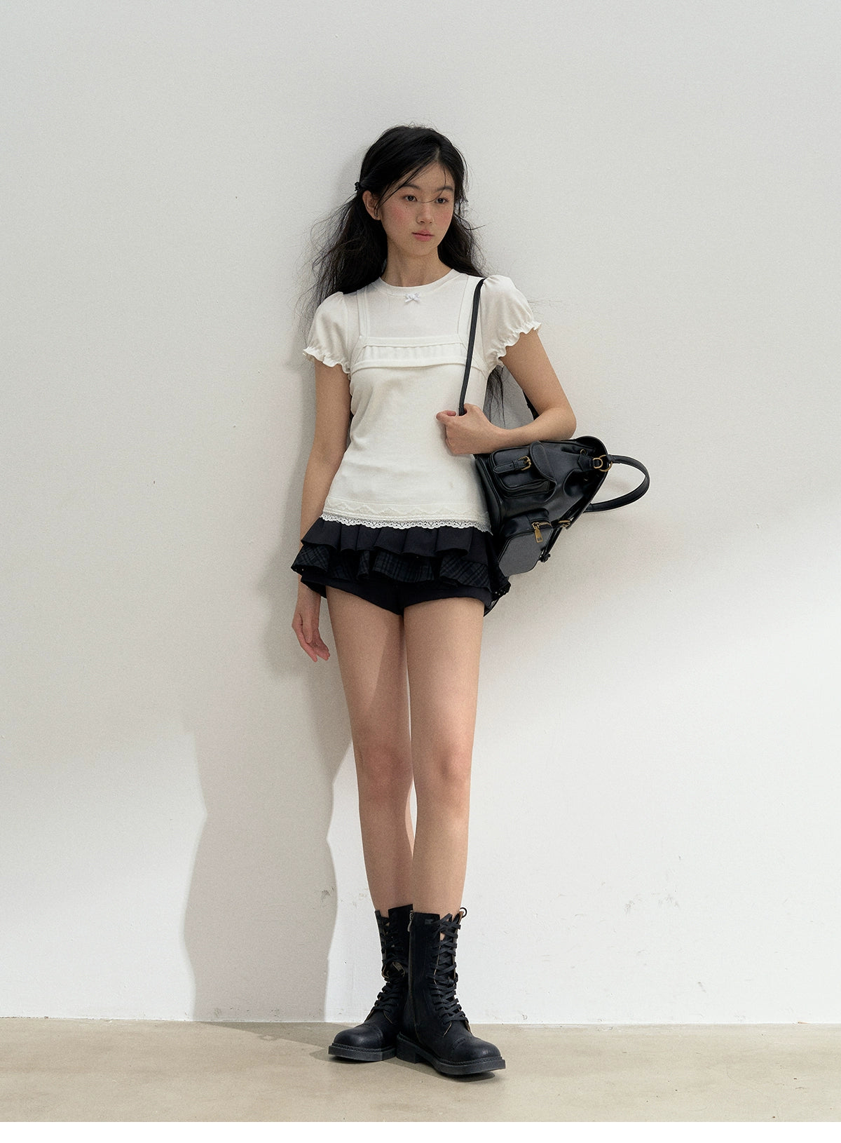 Mixed Fabric Multi-Layer Puffy Skort