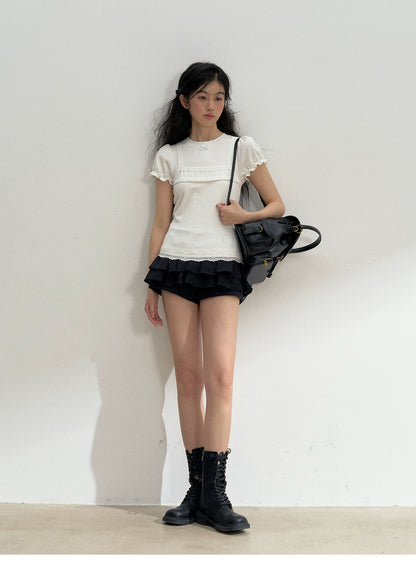 Mixed Fabric Multi-Layer Puffy Skort