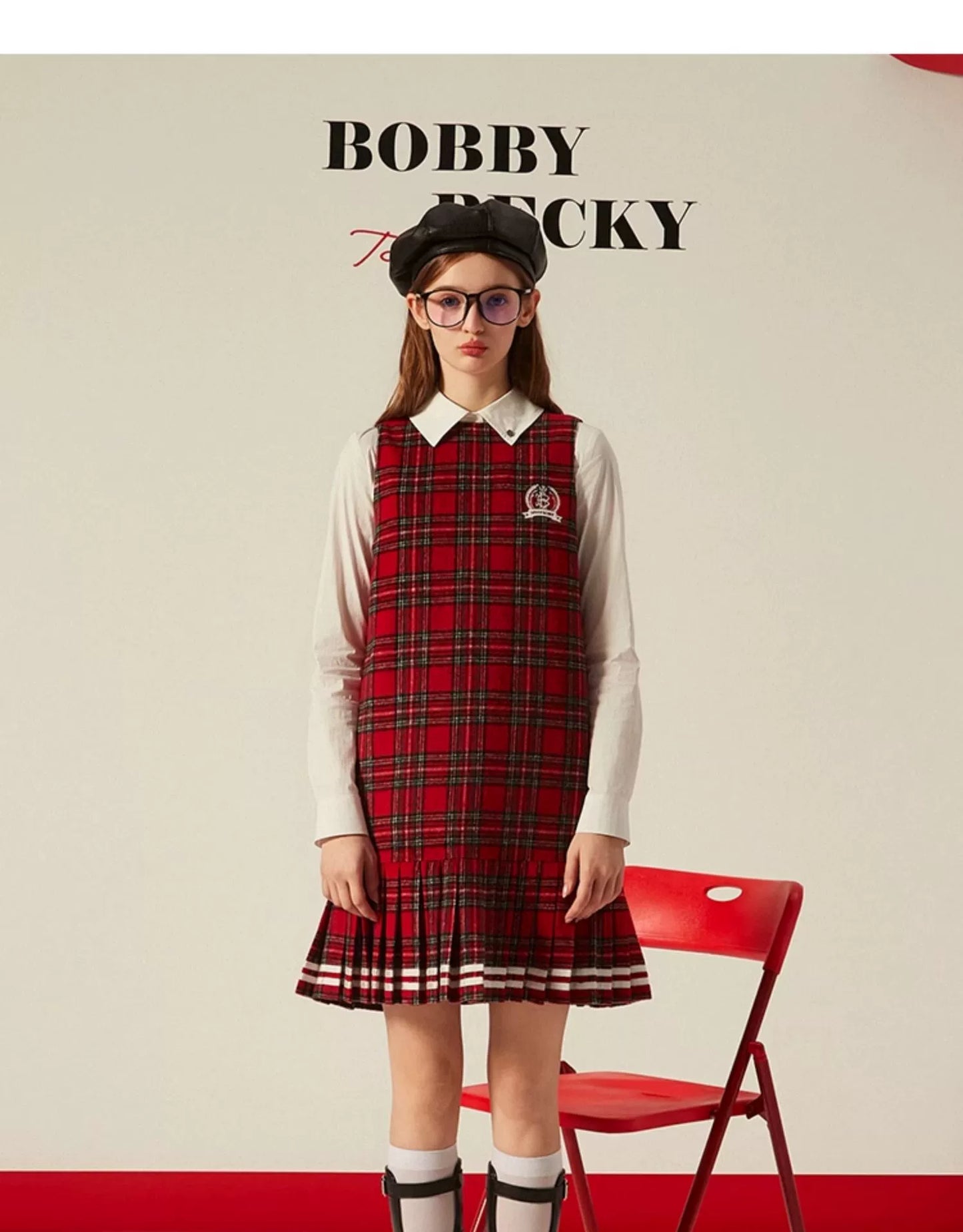 Preppy Style Pleated Wool Plaid Miniskirt Vest One-Piece Dress