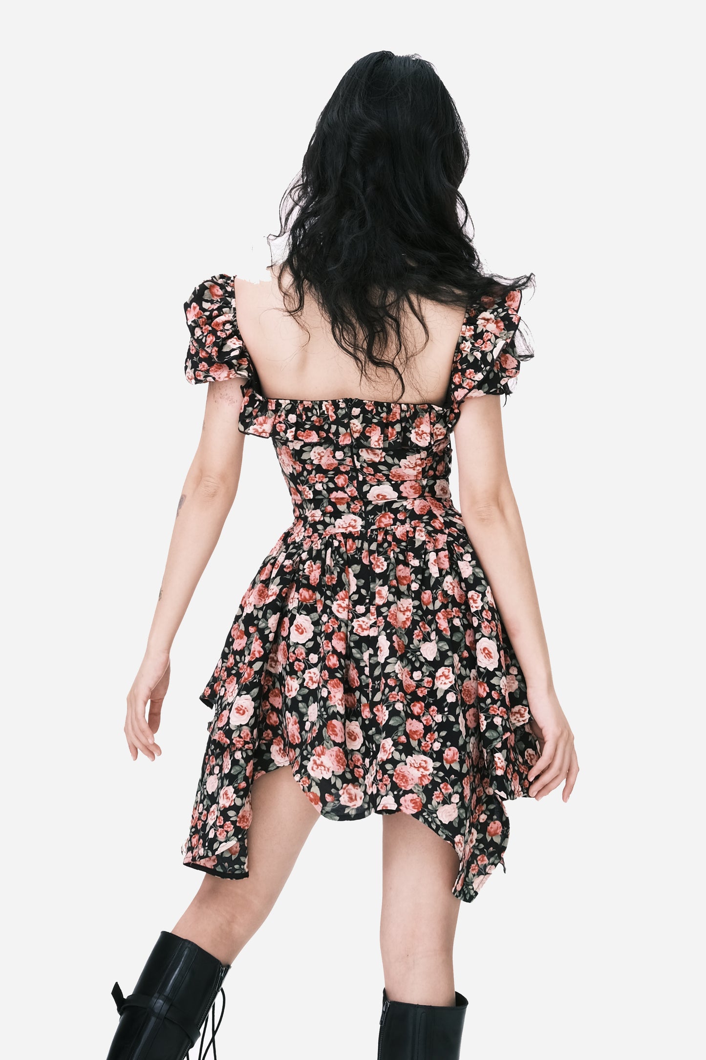 Puff Sleeve Asymmetrical Hem Corset Rose Dress