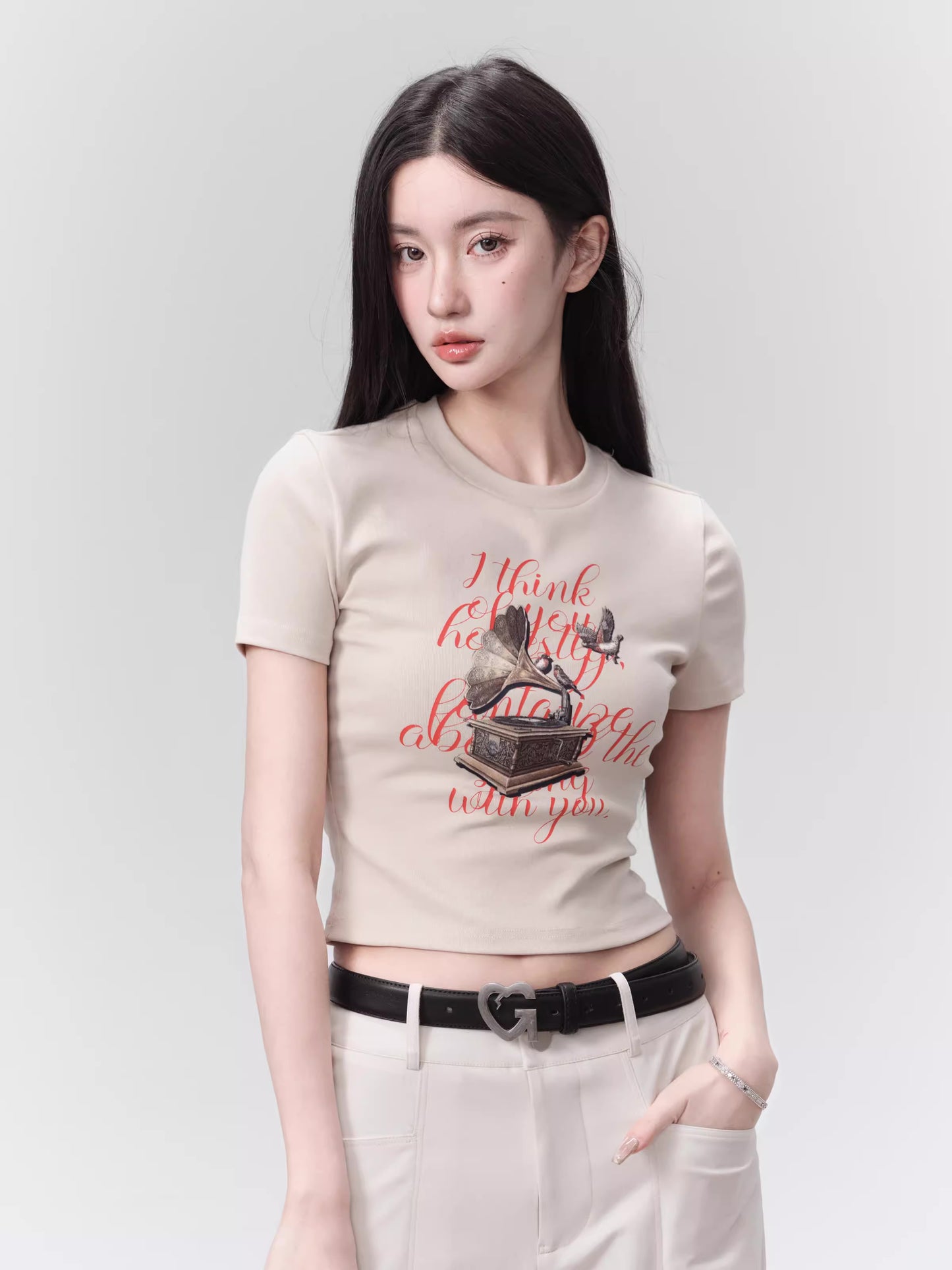 Comfortable Bird And Gramophone Print Baby Tee