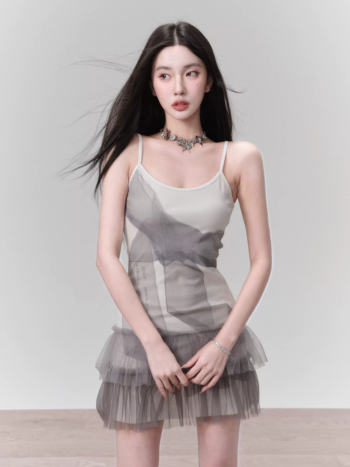 Pictorial Bow Print Tulle Camisole Dress