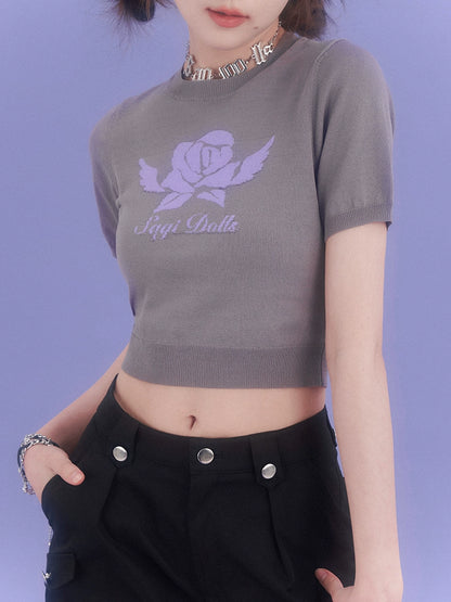 Jacquard Rose Motif Round Neck Cropped Knit T-Shirt