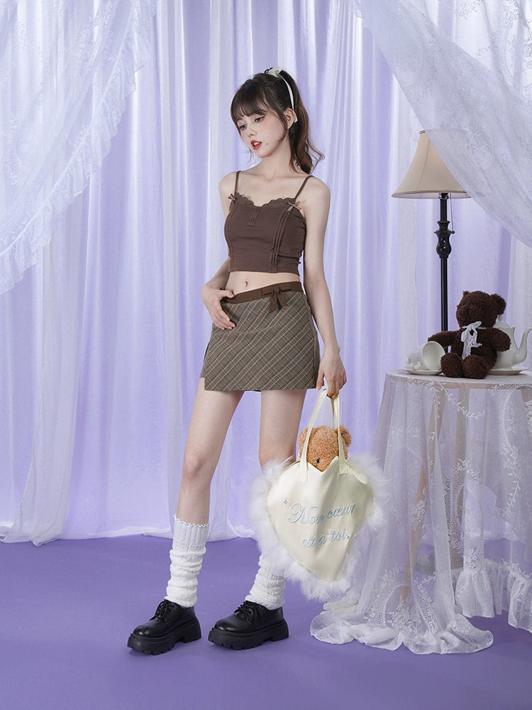 Brown Checked Bow and Slit Details Low Rise Skort Pants