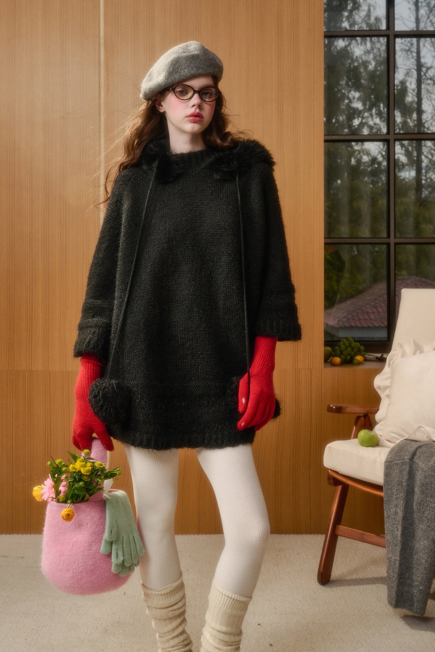 Wool Blend Hooded Pom-Pom Knit Dress