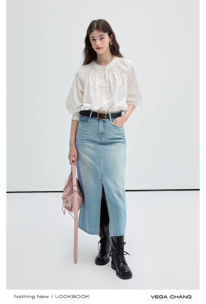 Embroidered Balloon Sleeve Blouse And Denim Skirt