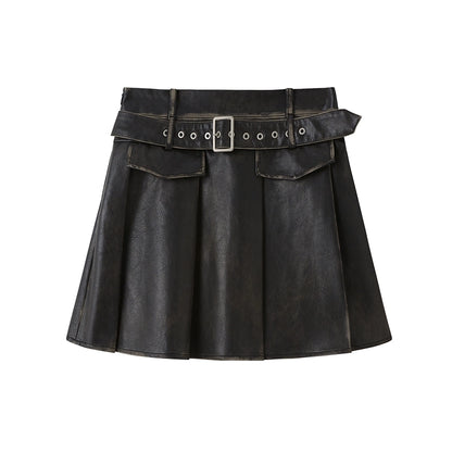 Rubbed Retro Pleated Leather Skirt