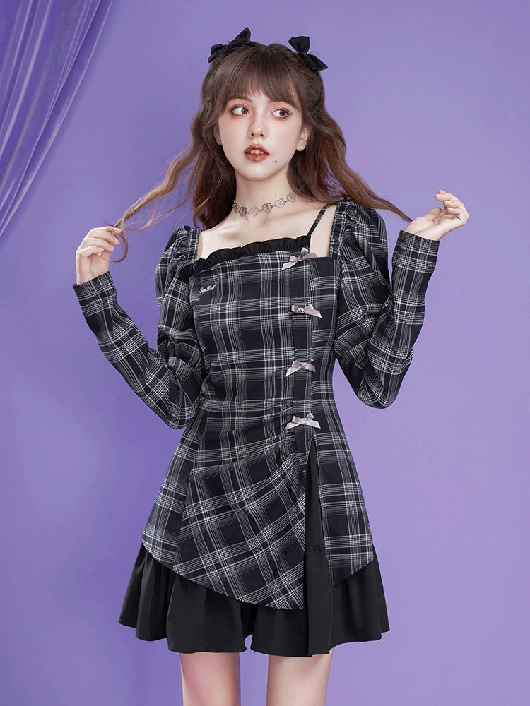 Layered Look Plaid Long Sleeved Asymmetrical Dress