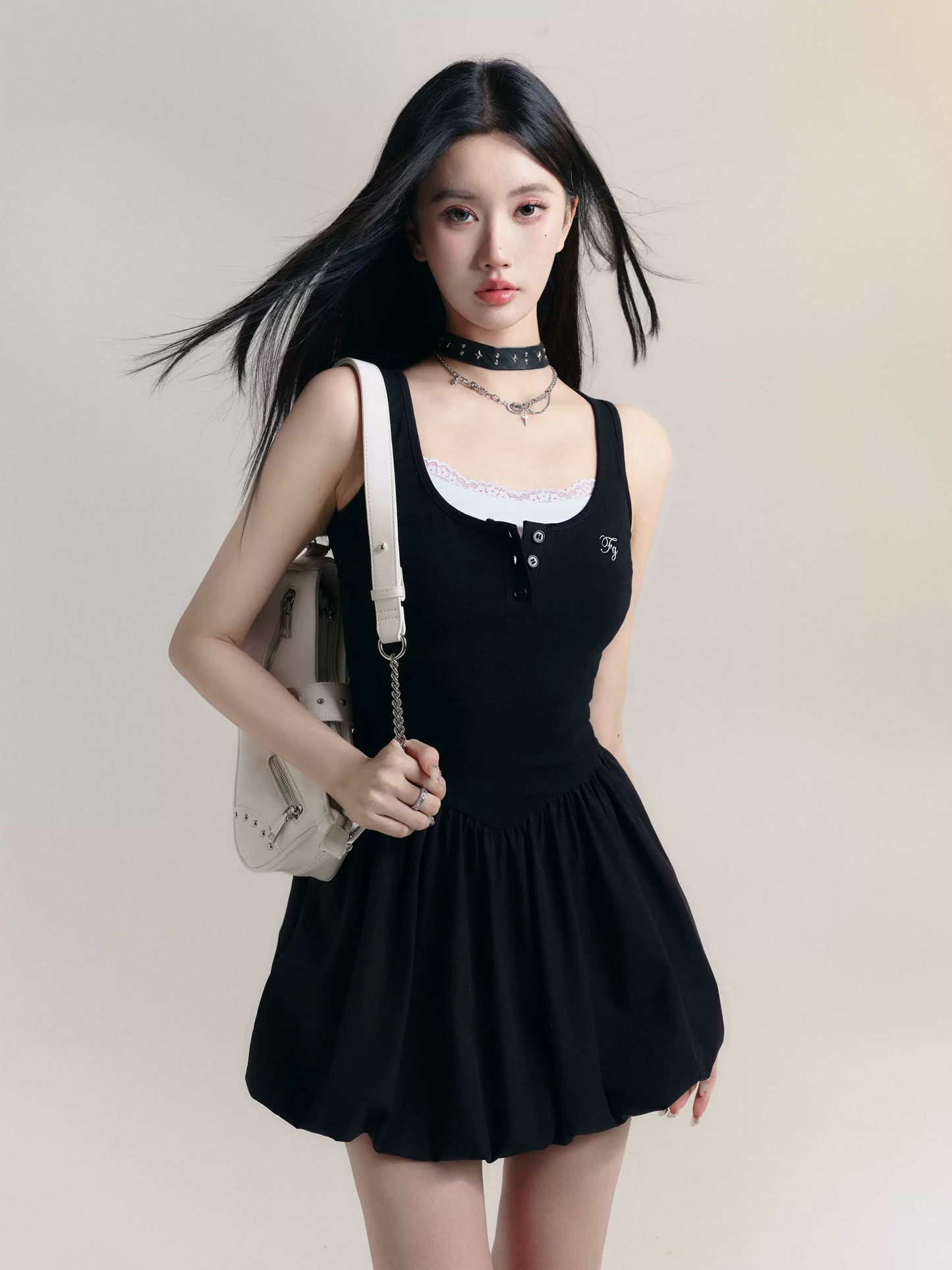 Girlish College Style Mini Bubble Tank Dress