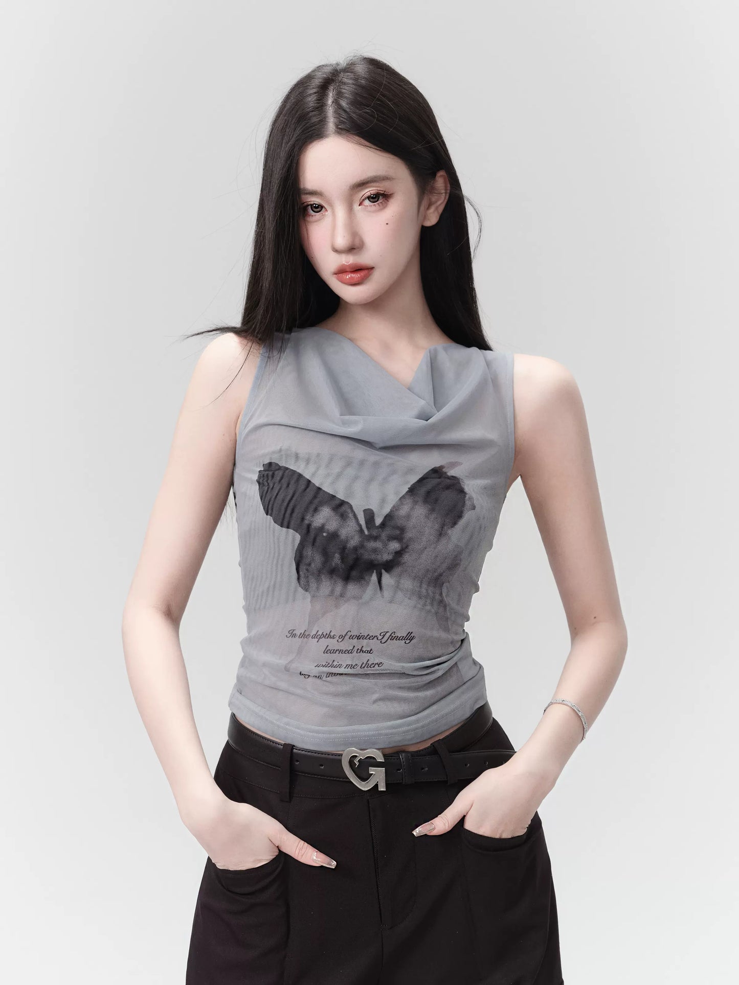 Butterfly Letter Print Drape Neck Sleeveless Mesh Top