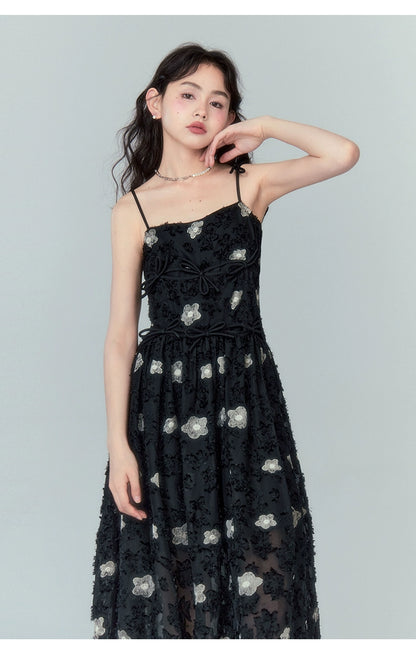 Bow Strap Suspender Sleeveless A-Line Midi Skirt One-Piece Dress