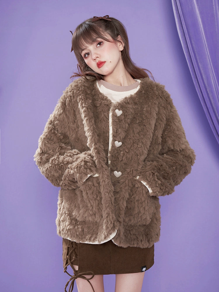 Faux Fur Jacket With Heart Buttons And Pockets