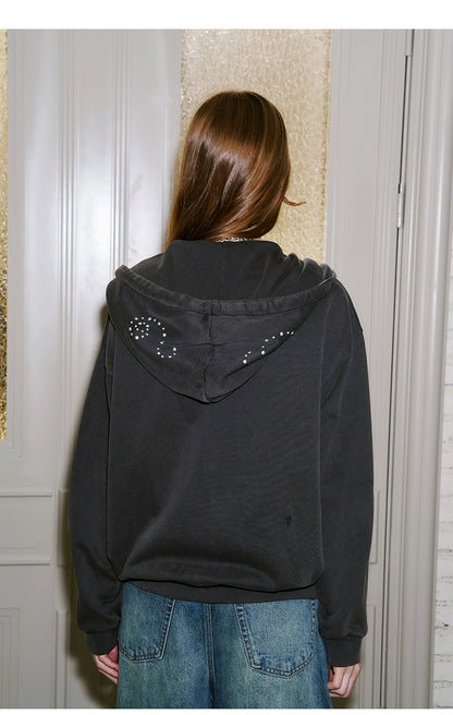 Relaxed Fit Studded Zip-Up Hoodie