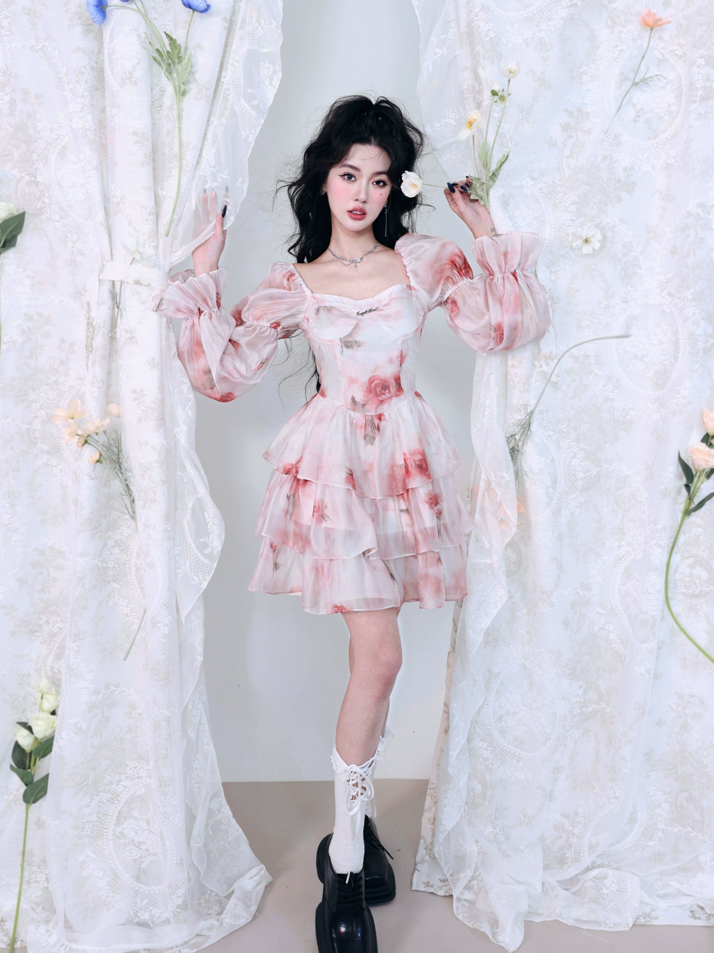 Rose Patterns Princess Fairy Puff Sleeve Miniskirt Dress