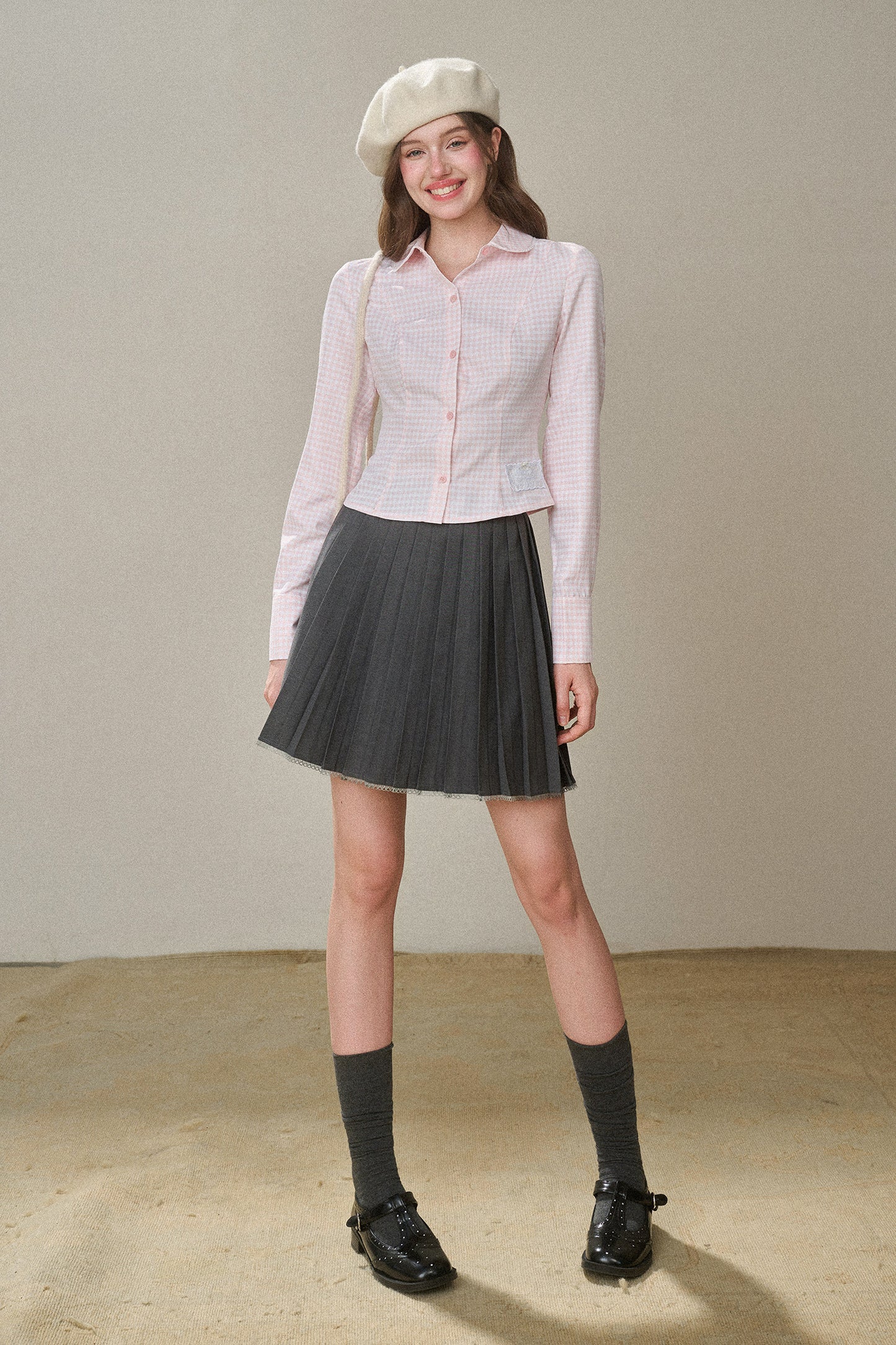 Two-Tone Plaid Peter Pan Collar Cotton Blouse