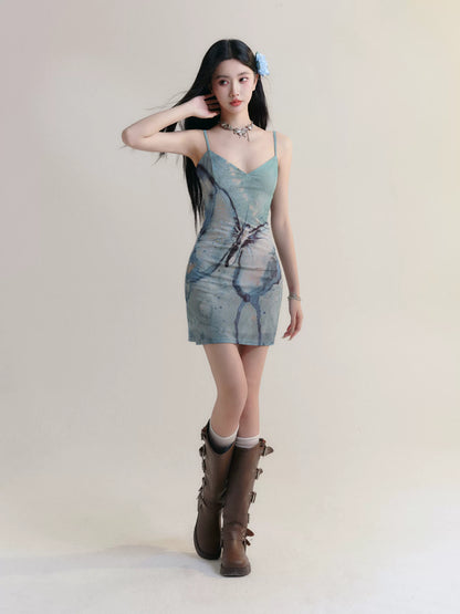 Butterfly Print Short Body Conscious Camisole Dress