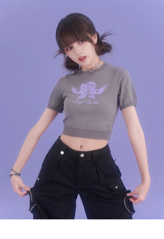 Jacquard Rose Motif Round Neck Cropped Knit T-Shirt