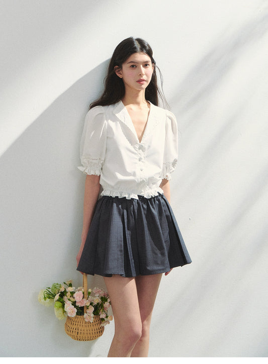 Embroidered V-Neck Blouse With Elbow-Length Sleeves